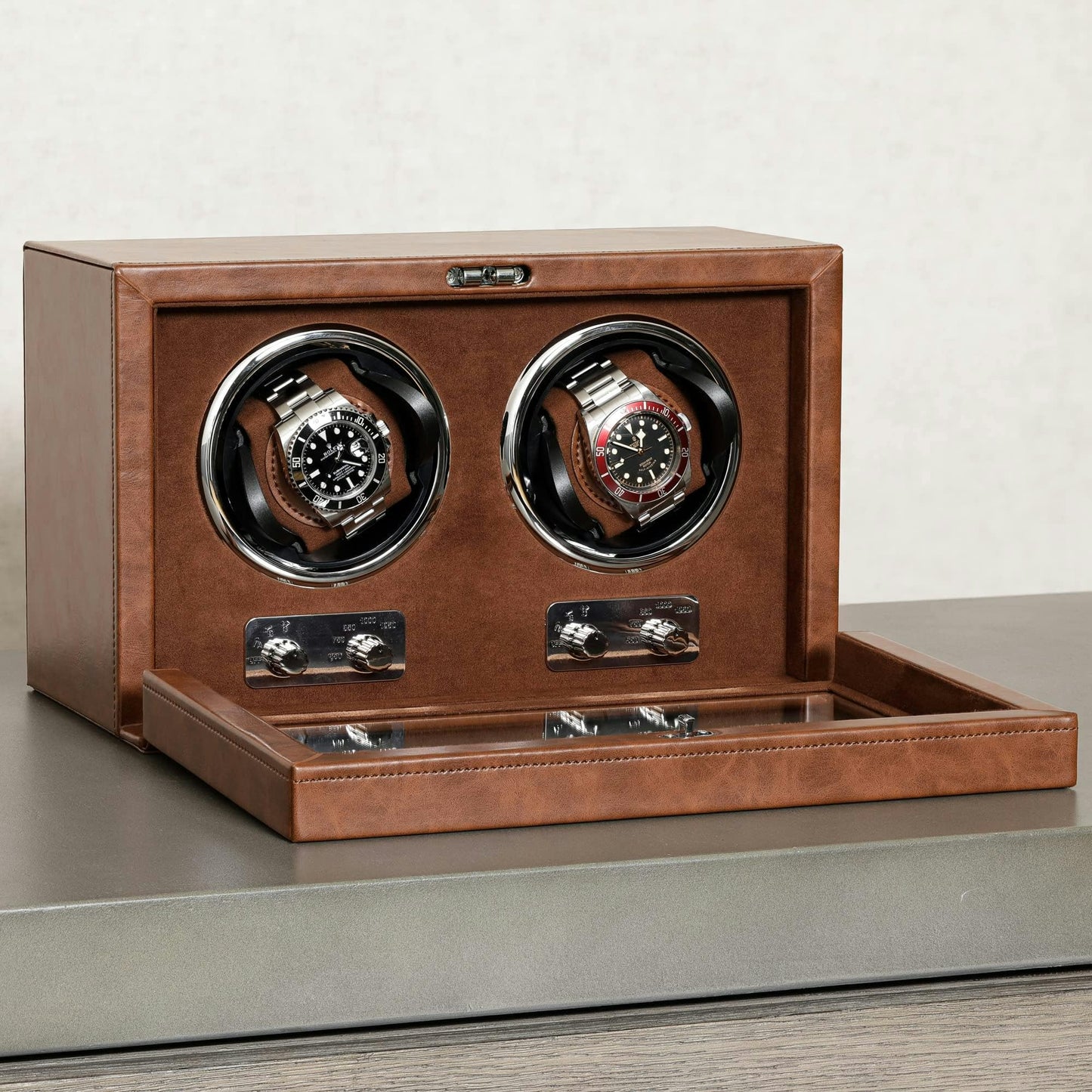 ROTHWELL Double Watch Winder for Automatic Watches with Quiet Motor with Multiple Speeds and Rotation Settings (Tan / Brown)
