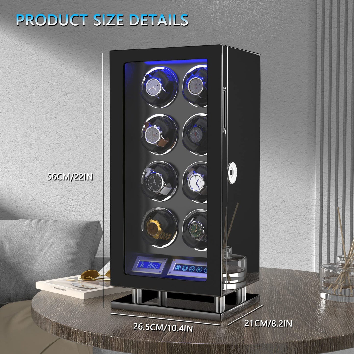 DUKWIN Watch Winder, Fingerprint Lock Watch Winders for 8 with LCD Touch Screen, Remote Control, Super Quiet Motor, Blue LED Light and Adjustable Watch Pillows for Universal Watches & Collector