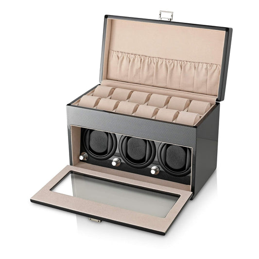 Watch Winder and Storage box for winding 3 Automatic Watches and 12 Watch Storage Space (Carbon + Beige)