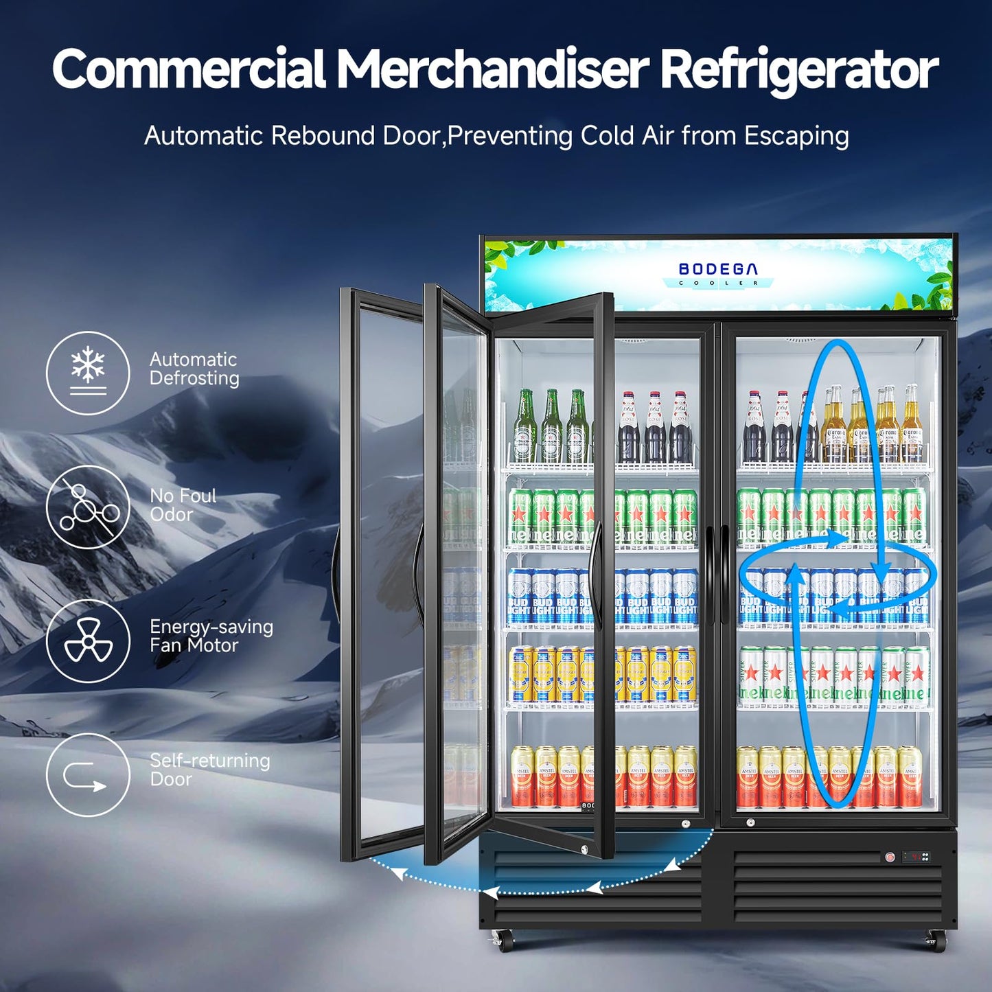 BODEGACOOLER Commercial Merchandiser Refrigerator, 40 Cu.Ft Double Glass Door Beverage Cooler, Upright Display Refrigerator with Soft LED Light, Adjustable Shelves, 4 Heavy-Duty Casters, Black