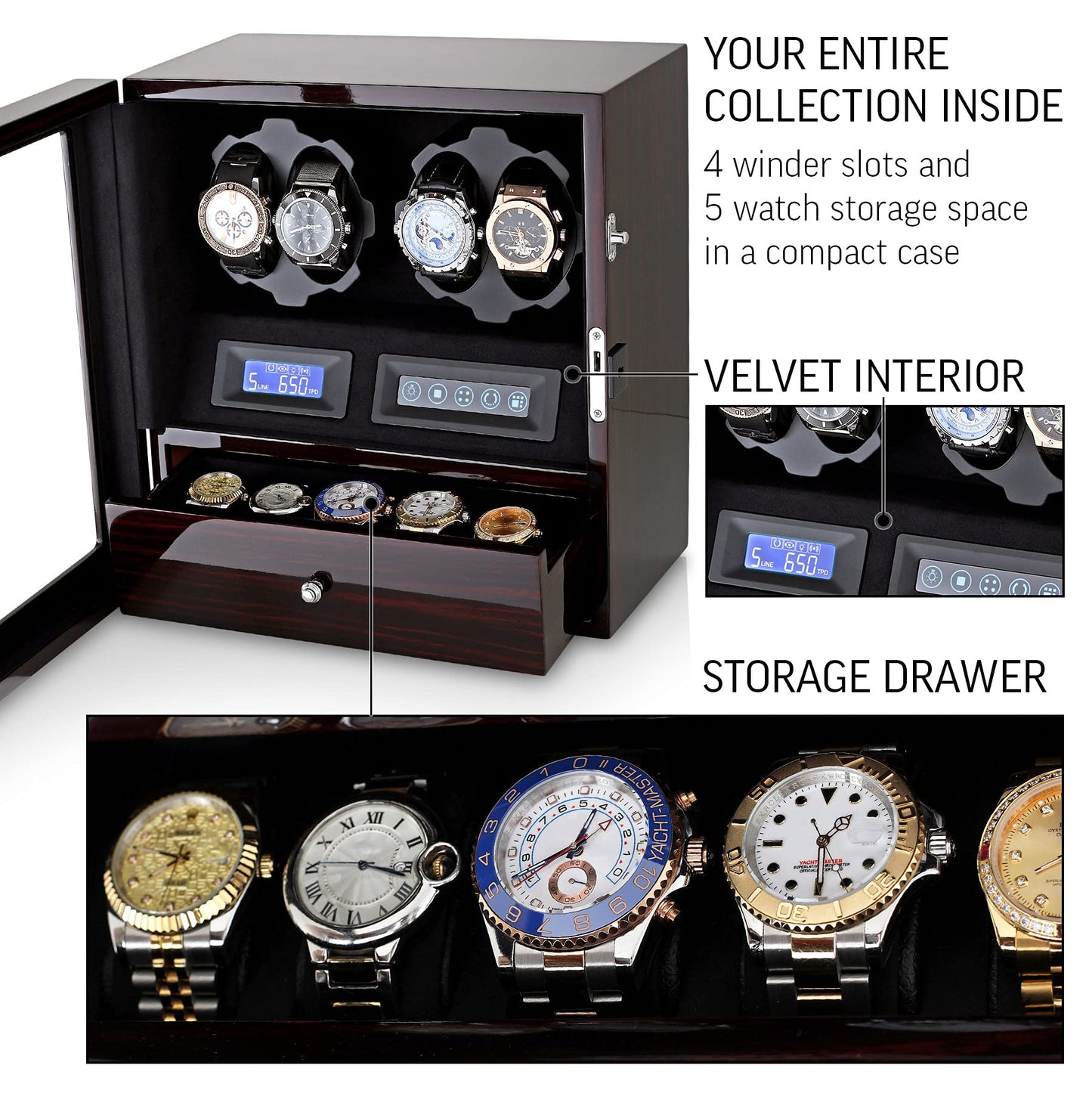 4 Watch Winder with 5 Watch Storage Space, LCD Display, Touch Control and Interior Light (Ebony + Black Velvet)