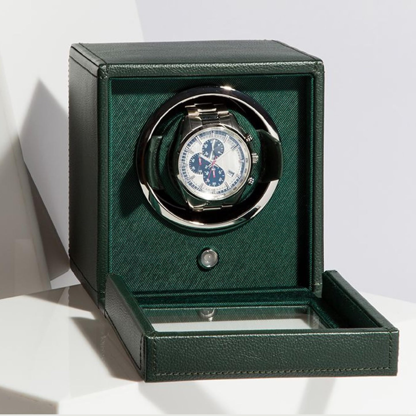 Wolf Cub Single Watch Winder with Glass Cover, Green - Secure Fit with Patented Lock-in Dynamic Cuff - Accommodates All Wrist Sizes - Vegan Leather - Includes Universal Adapter