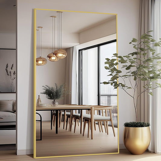 Large Mirror Full Length with Stand, 76"X44" Oversized Floor Mirror Gold Standing Full Length Mirror for Gym Bedroom Living Room Clothing Store, Hanging or Wall Mounted, Tempered Glass