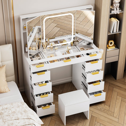 Pamapic Glass Top Makeup Vanity Desk with Foldable Mirror and Lights, 11 Drawers Vanity with Chair and Power Outlet, 3 Lighting Modes Makeup Table, Golden Handles, White