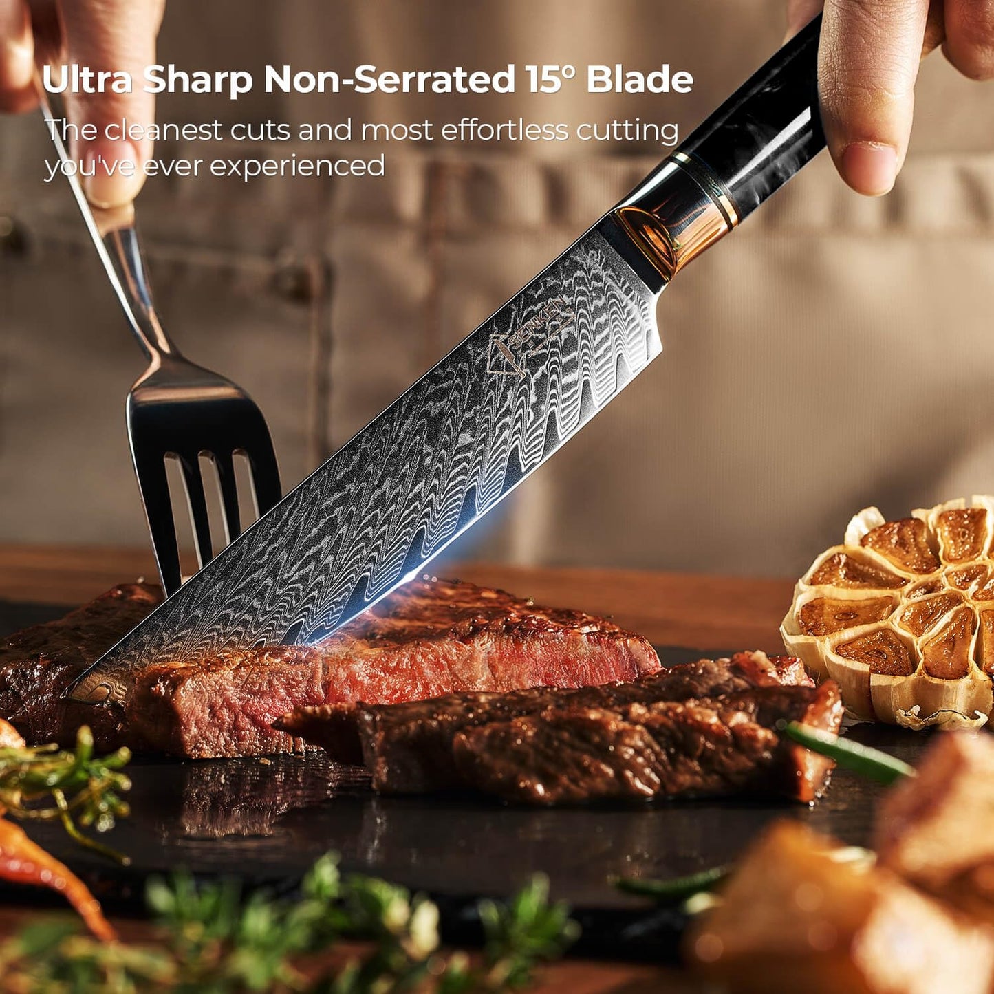 SENKEN Damascus Steak Knife Set - Black Tsunami Collection - 67-Layer Japanese VG10 Steel - Razor Sharp Non-Serrated Blades, Black Resin & Burl Wood Handles, Luxury Gift Box