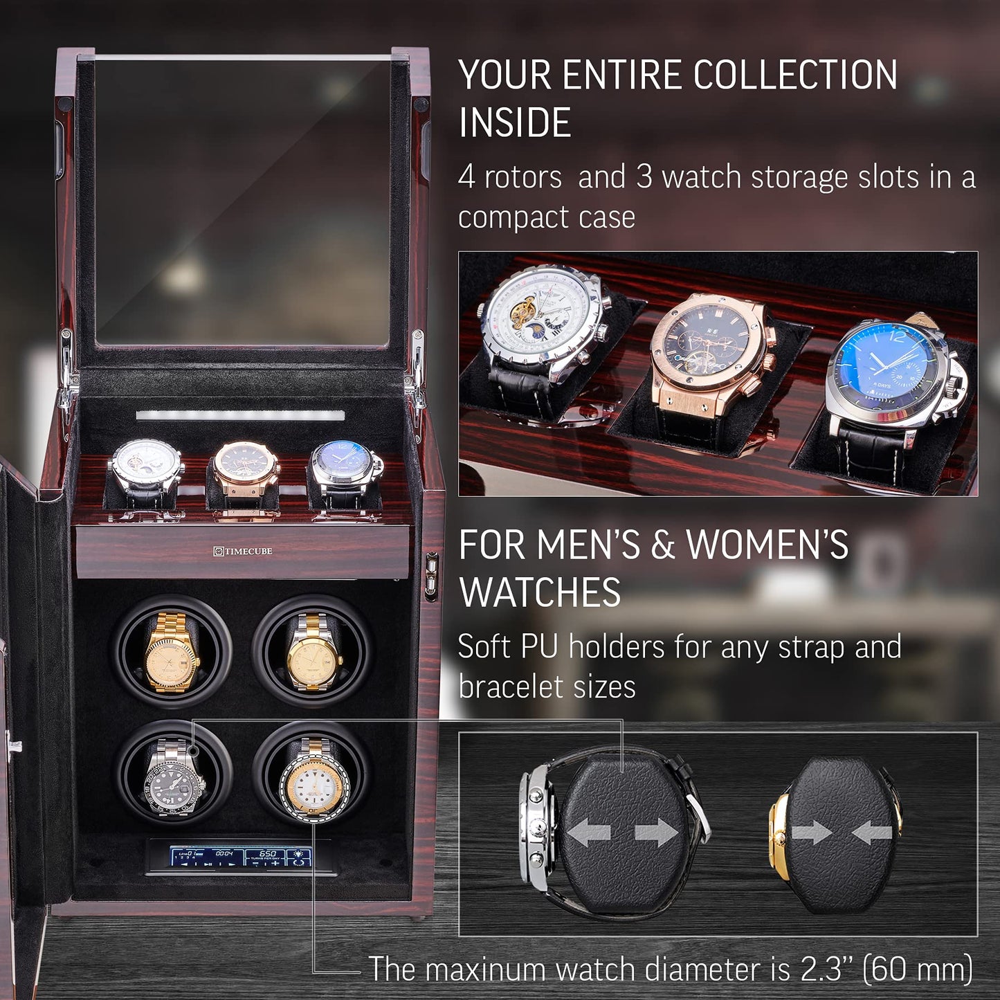 TIMECUBE Watch Winder for 4 Watches with 15 Winding Programs and 3 Watch Storage Slots (Ebony)