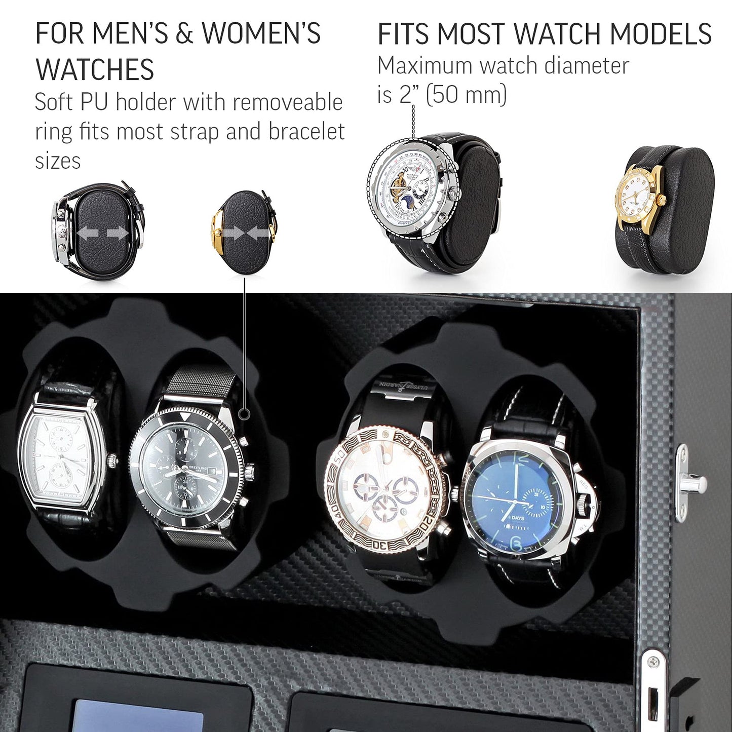 4 Watch Winder with 5 Watch Storage Space, LCD Display, Touch Control and Interior Light (Carbon + Black)
