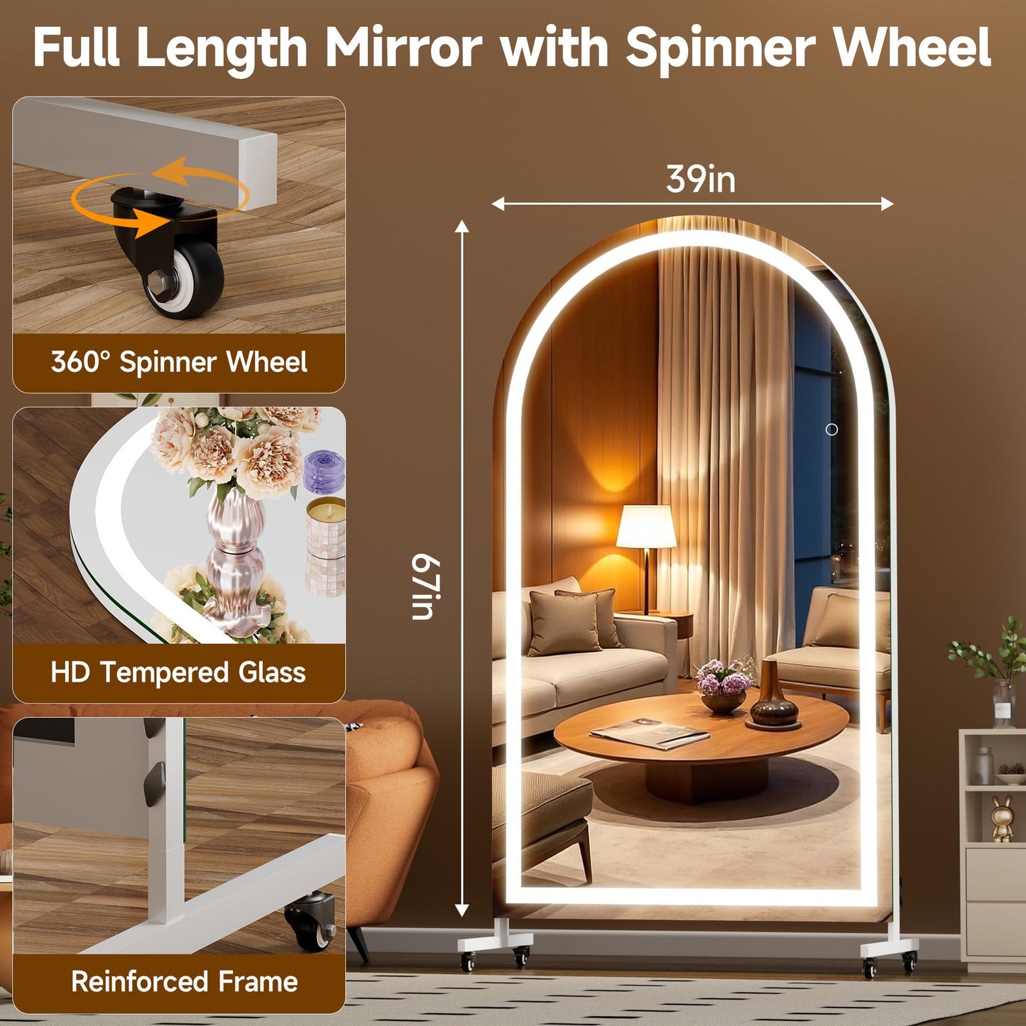 Hasipu 67" x 40" Arched LED Rolling Gym Mirror with Wheels, Dimmable Lighted Body Mirror with 3 Color Temperatures & Adjustable Brightness for Bedroom, Yoga Studio & Home Gym