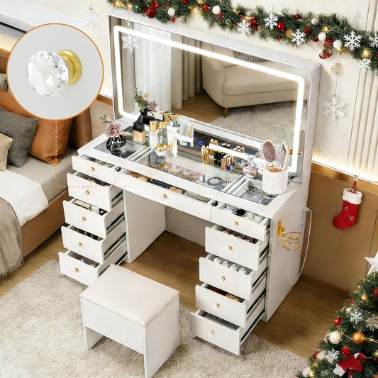 Fkhouse 11 Drawers Glass Top Vanity Desk with Chair, Crystal Handles Makeup Vanity with Mirror and Lights, Dressing Table with Power Outlet, Adjustable Lighting Modes, White