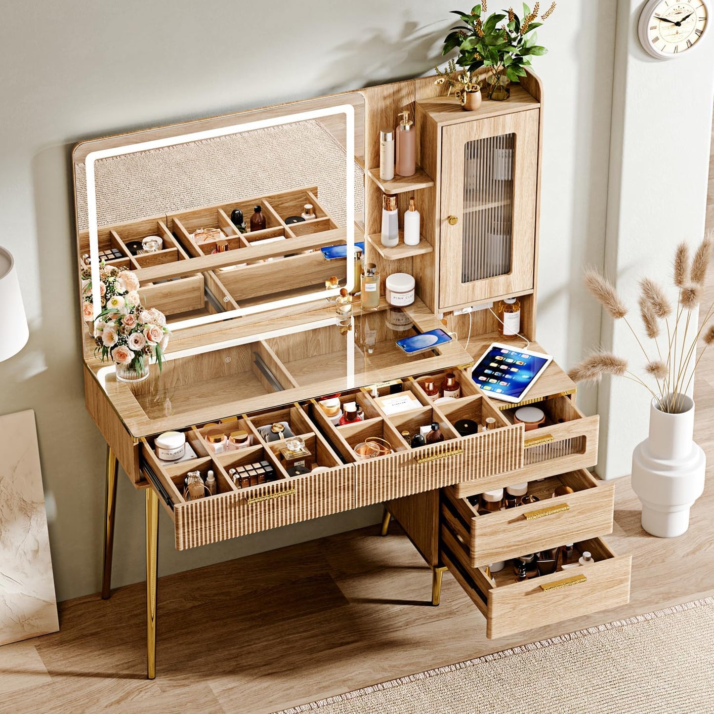 Arulvmrn Vanity Desk with 29.53" HD Lighted Mirror, 47.24" Big Modern Vanity Desk with Mirror and Lights, Makeup Vanity with 5 Drawers and Storage Shelves and Charging Station, Oak