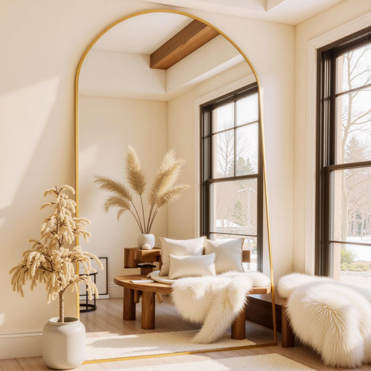 Furnbar Floor Mirror, 86"x46" Oversized Full Length Mirror with Stand, Arched Full Body Mirror Standing Hanging Leaning Against Wall, Aluminum Frame Giant Mirrors for Bedroom Cloakroom, Gold