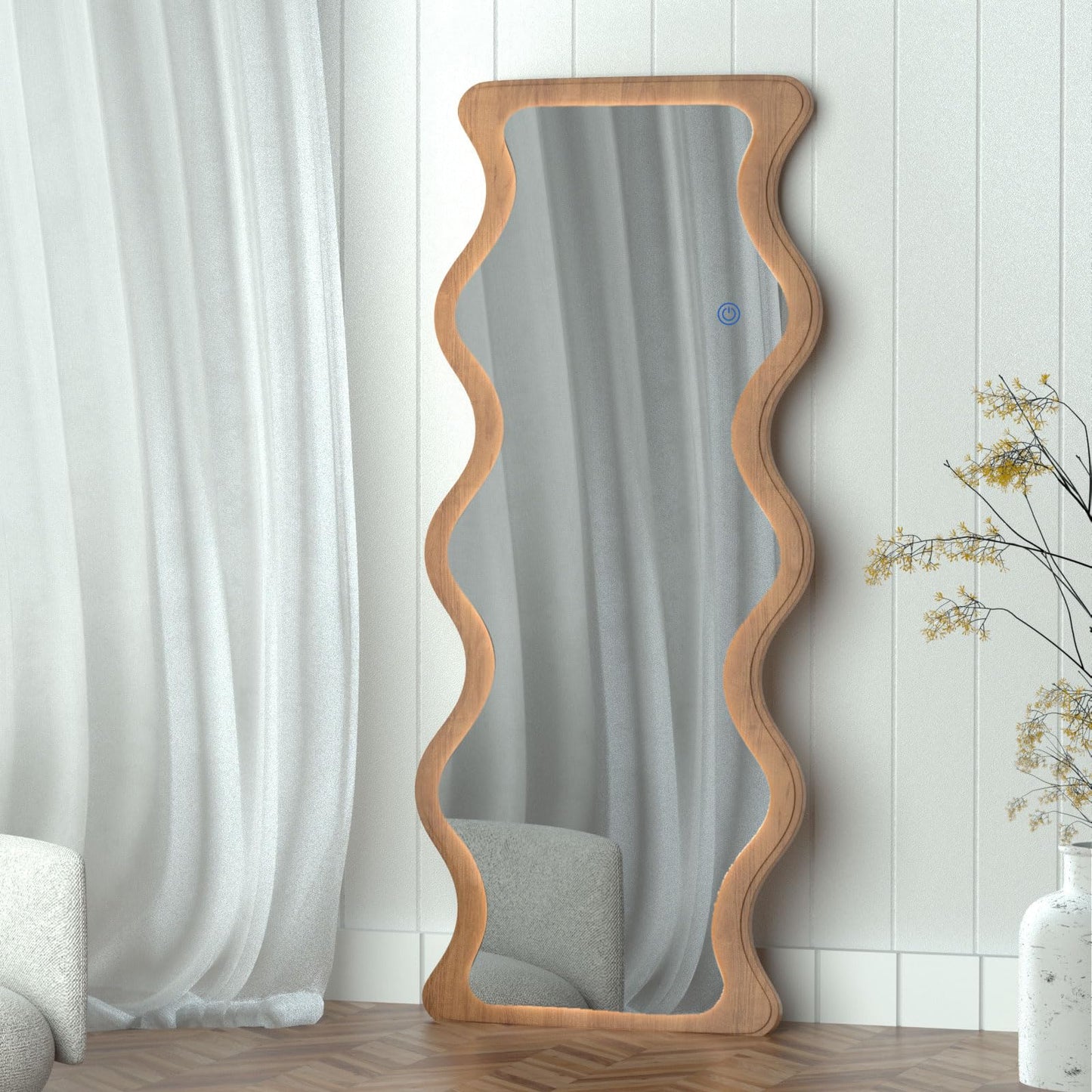 COOL2DAY 65" x 24" Led Wavy Full Length Mirror with Lights, Shatter-Proof Hanging/Leaning Irregular Wall Mirror, Wooden Led Floor Mirror for Dressing Bedroom Living Room