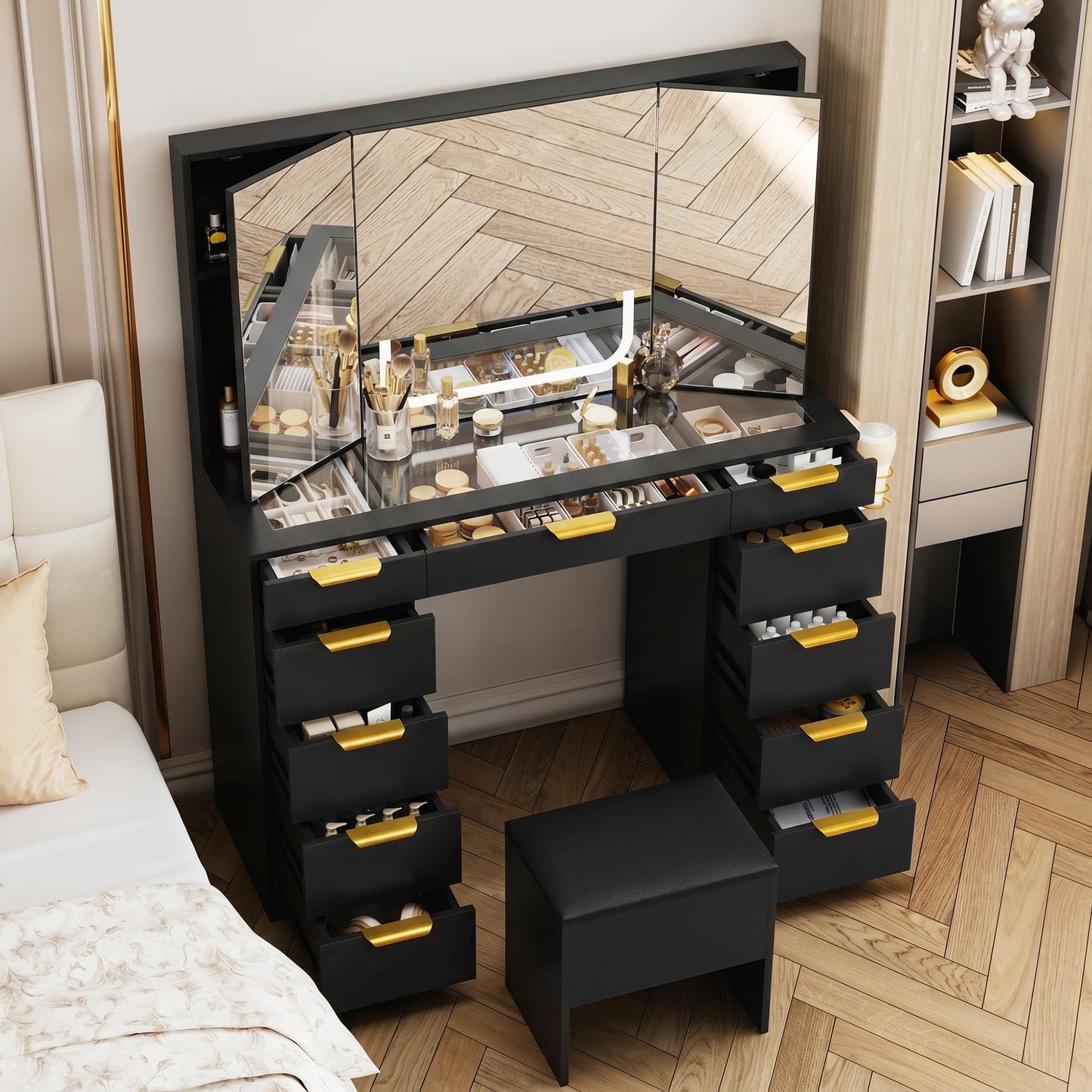 Fkhouse Glass Top Vanity Desk with Foldable Mirror and Lights, 11 Drawers Makeup Vanity with Charging Station, 3 Lighting Modes Dressing Table with Chair, Black