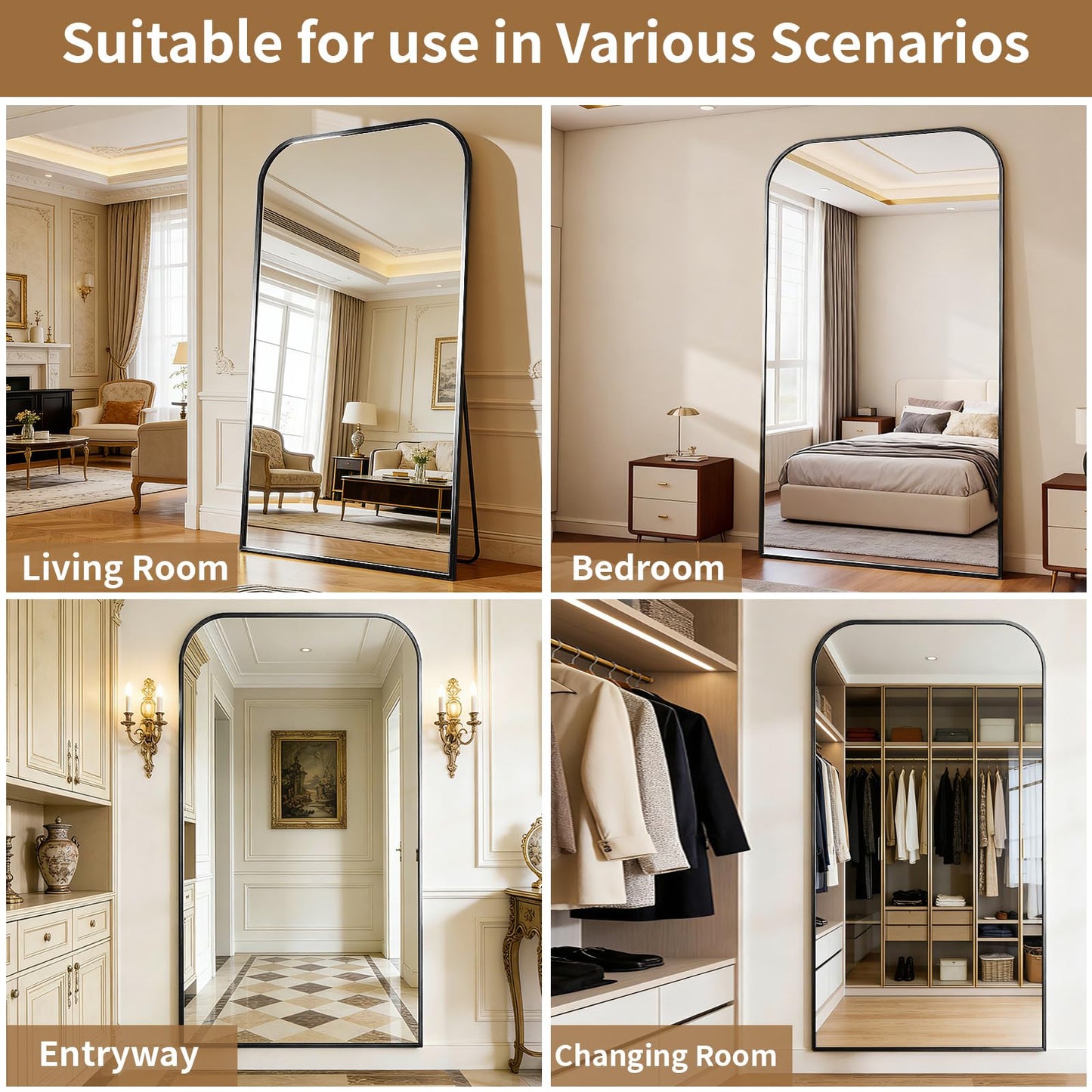 Riskioir Full Length Mirror 81"x41" Arched Floor Standing Large Mirrors Full Body Mirror with Stand - with Aluminum Frame for Bedroom Living Room, Black