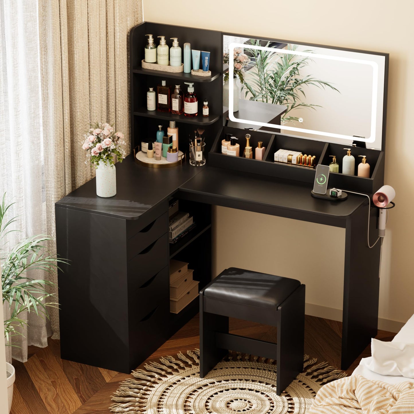 YESHOMY Vanity Desk with Lights and Mirror, L Shaped Makeup Table, Dresser with Hairdryer Holder and Power Outlet, Adjustable 3 Lighting Modes, 5 Drawers and Adjustabled Open Storage Shelves, Black