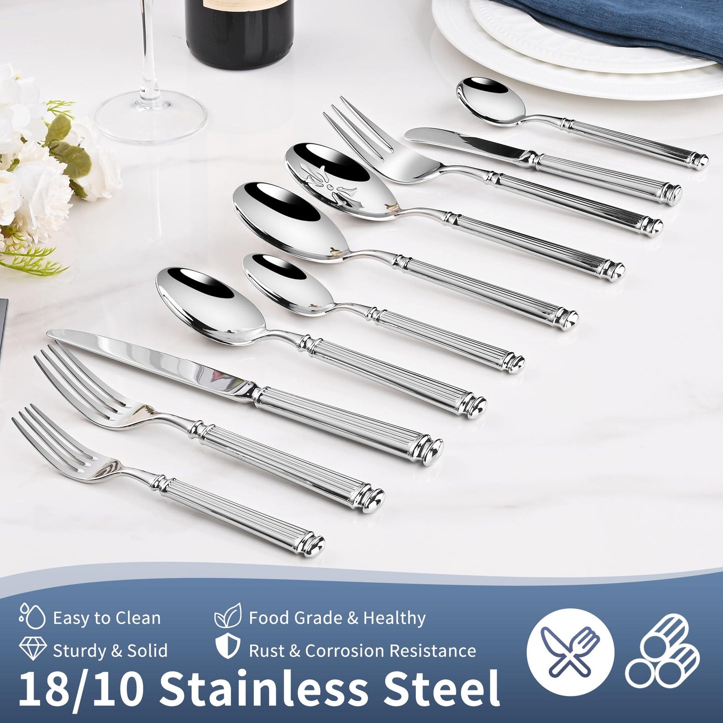 65-Piece Heavy Duty Silverware Set for 12, 18/10 Stainless Steel Forged Flatware Set, Flatware Set with Serving Utensil, Extra Thick Heavy Weight, Ideal for Gift