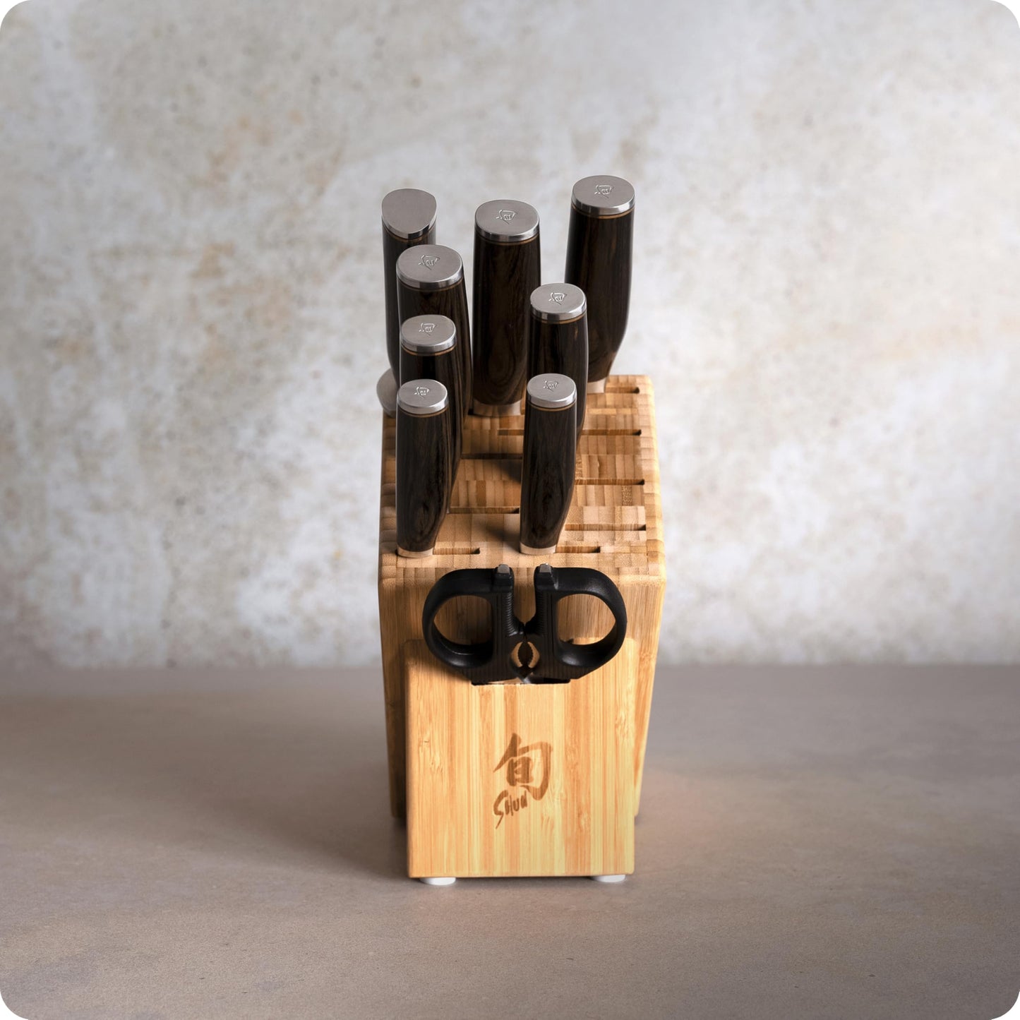 Shun Premier 10 Piece Block Set, Includes 8" Chef, 4" Paring, 5.5" Nakiri, 7” Santoku Knife, Honing Steel & More, Handcrafted Japanese Knife Set, Damascus Stainless Steel Cladding, Pakkawood Handles