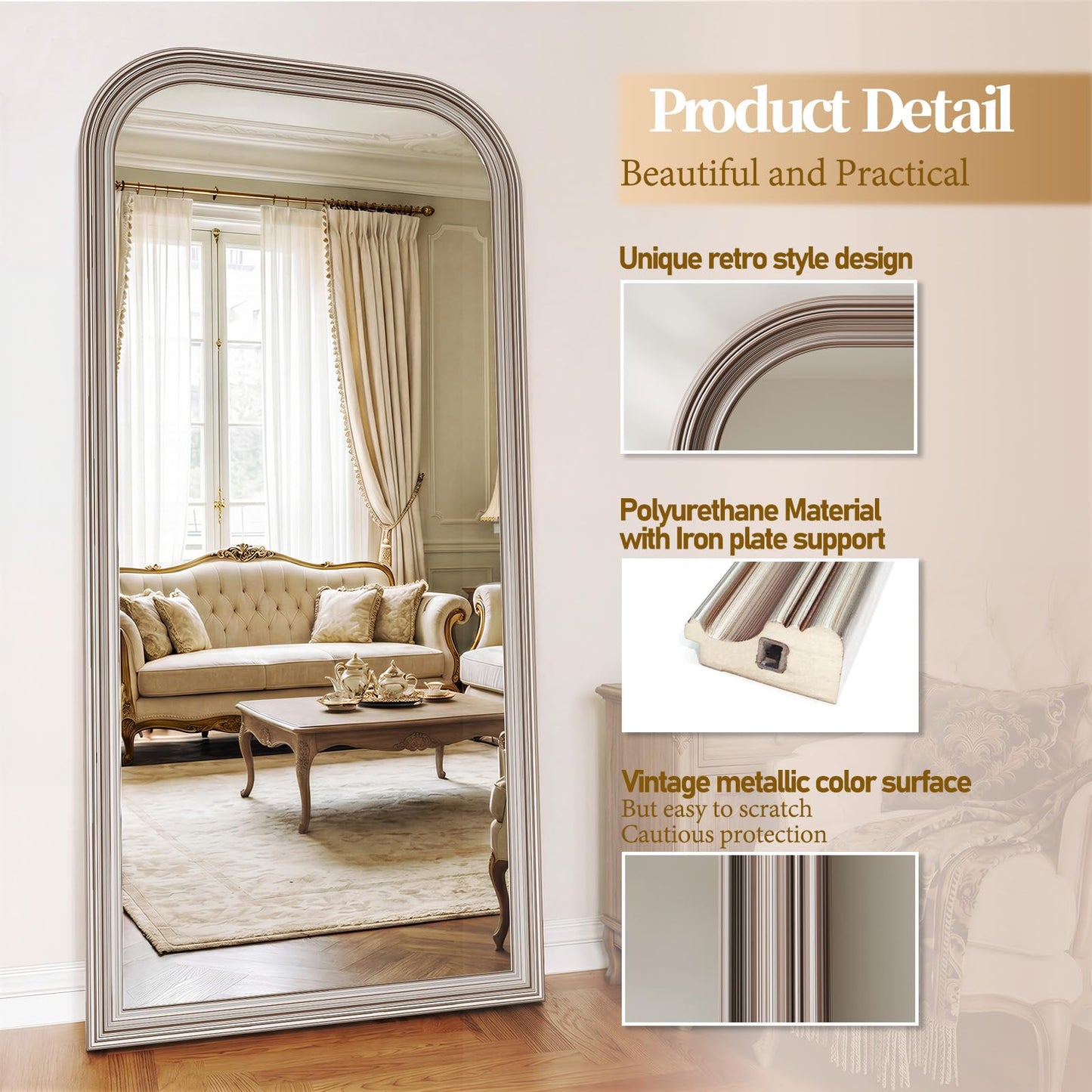 FlyEcho Full Length Mirror with Stand, 71"x32" Full Body Mirror, Floor Length Mirrors Wall Mounted with Rounded Top, Large Standing Mirrors, PU Frame, for Bedroom Living Room Cloakroom, Antique Sliver