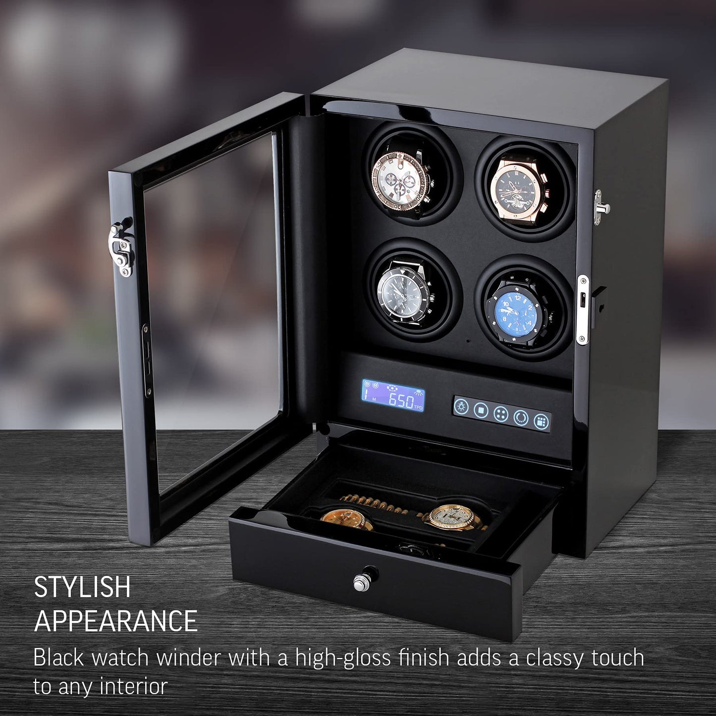 Automatic Watch Winder with LED Light, Storage Drawer and LCD Touchscreen Control (Black + Black)