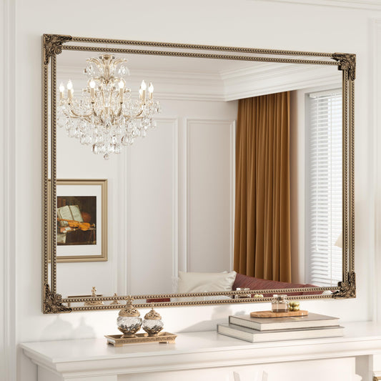 Keonjin Gold Vintage Mirror 48 x 36 Inch, Antique Mirrors Rectangle, Traditional Mantel Decoration, Baroque Style Wall Decor for Hallway, Fireplace, Entryway, Living Room, Anti-Rust, Waterproof