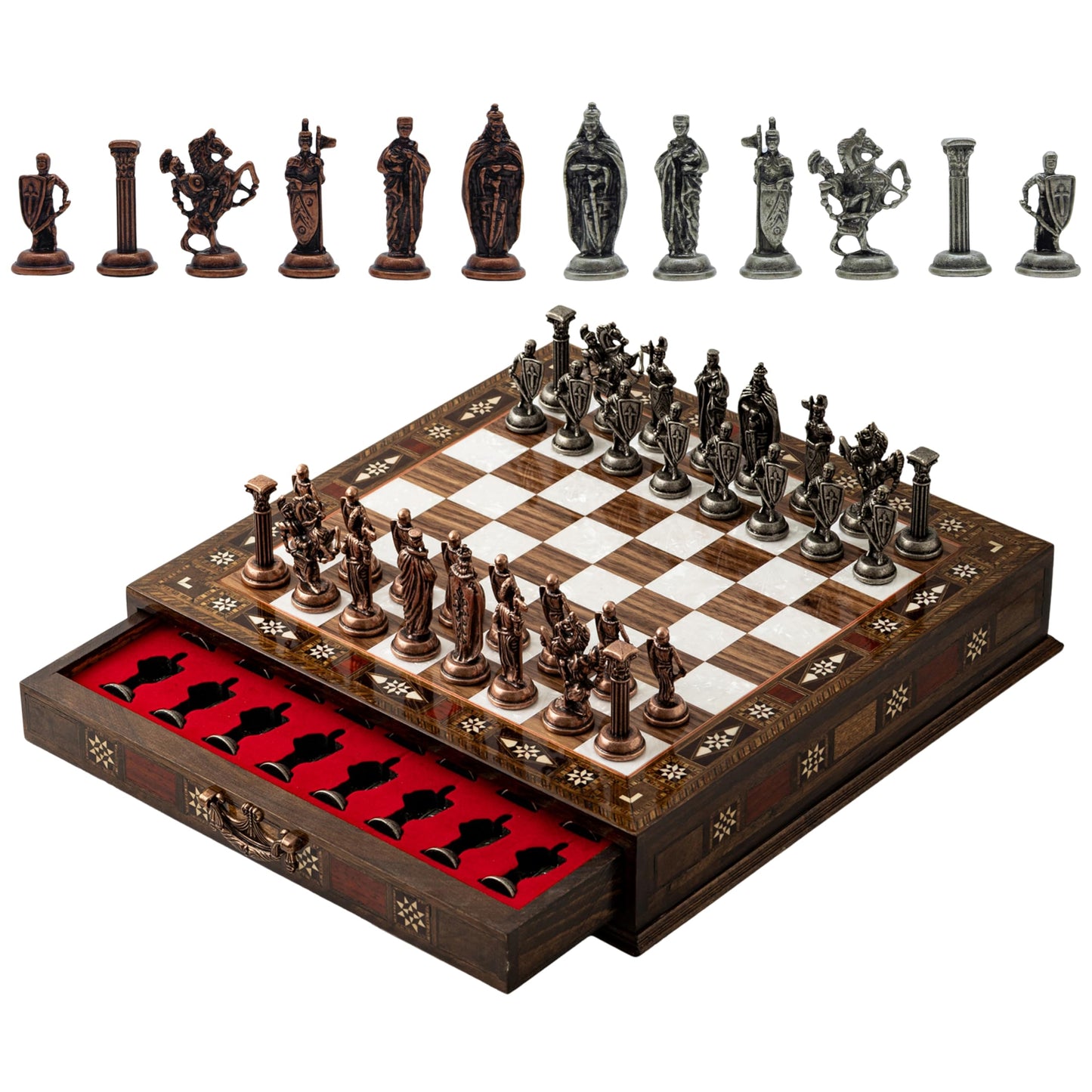 15’’ Handmade Walnut Wooden Chess Set – British Style Metal Chess Pieces – Luxury Storage Chess Board for Adults & Gift for Dad (Walnut)