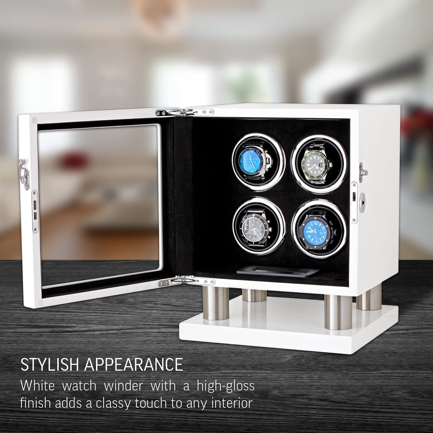 Watch Winder for 4 Watches with LED Backlight, LCD Display and Motor-Stop Option (White & Black)