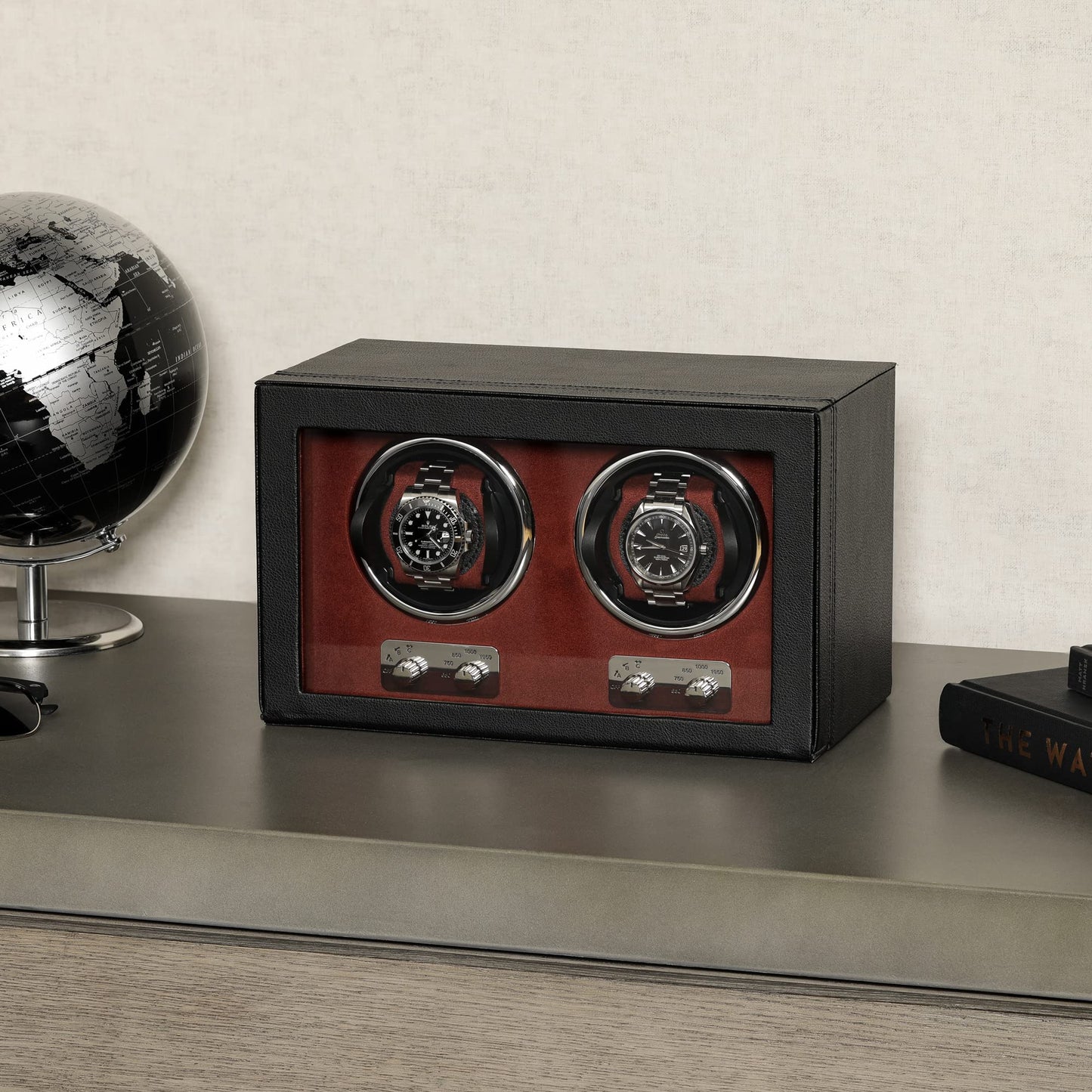 ROTHWELL Double Watch Winder for Automatic Watches with Quiet Motor with Multiple Speeds and Rotation Settings (Black/Red)