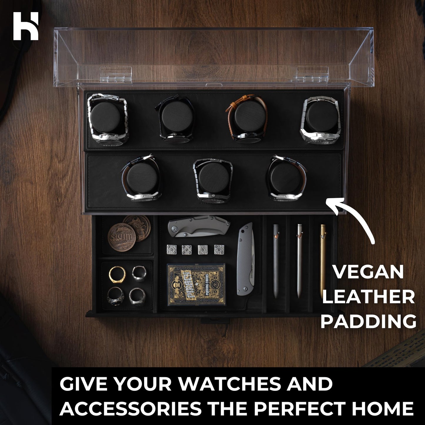 7 Slot Watch Box & Cleaning Kit Bundle – Large Wooden Watch Organizer Case + Full Watch Care Set (Crystal & Leather Care Restorer, Metal Cleaning Solution, Brushes, & Microfiber Cloth) | Gift for Men