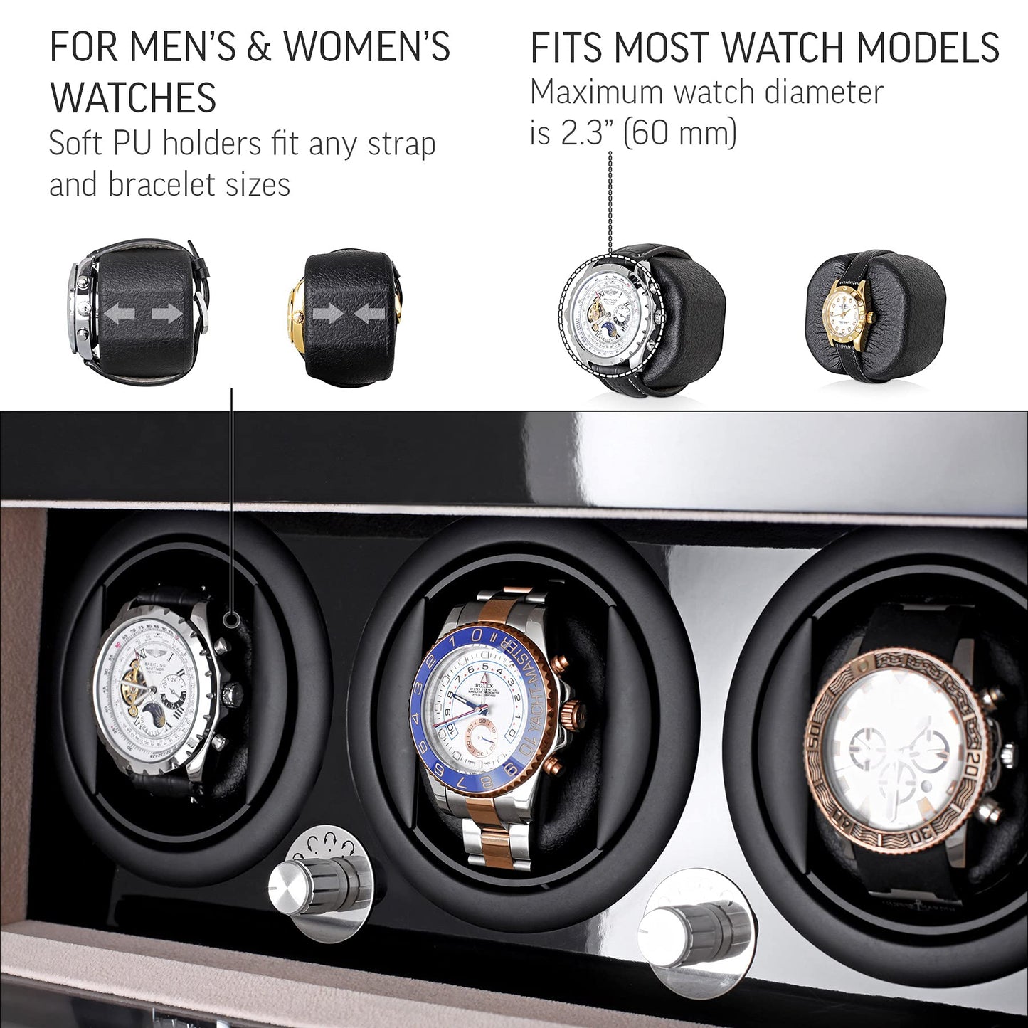 Watch Winder and Storage box for winding 3 Automatic Watches and 12 Watch Storage Space (Black + Beige)