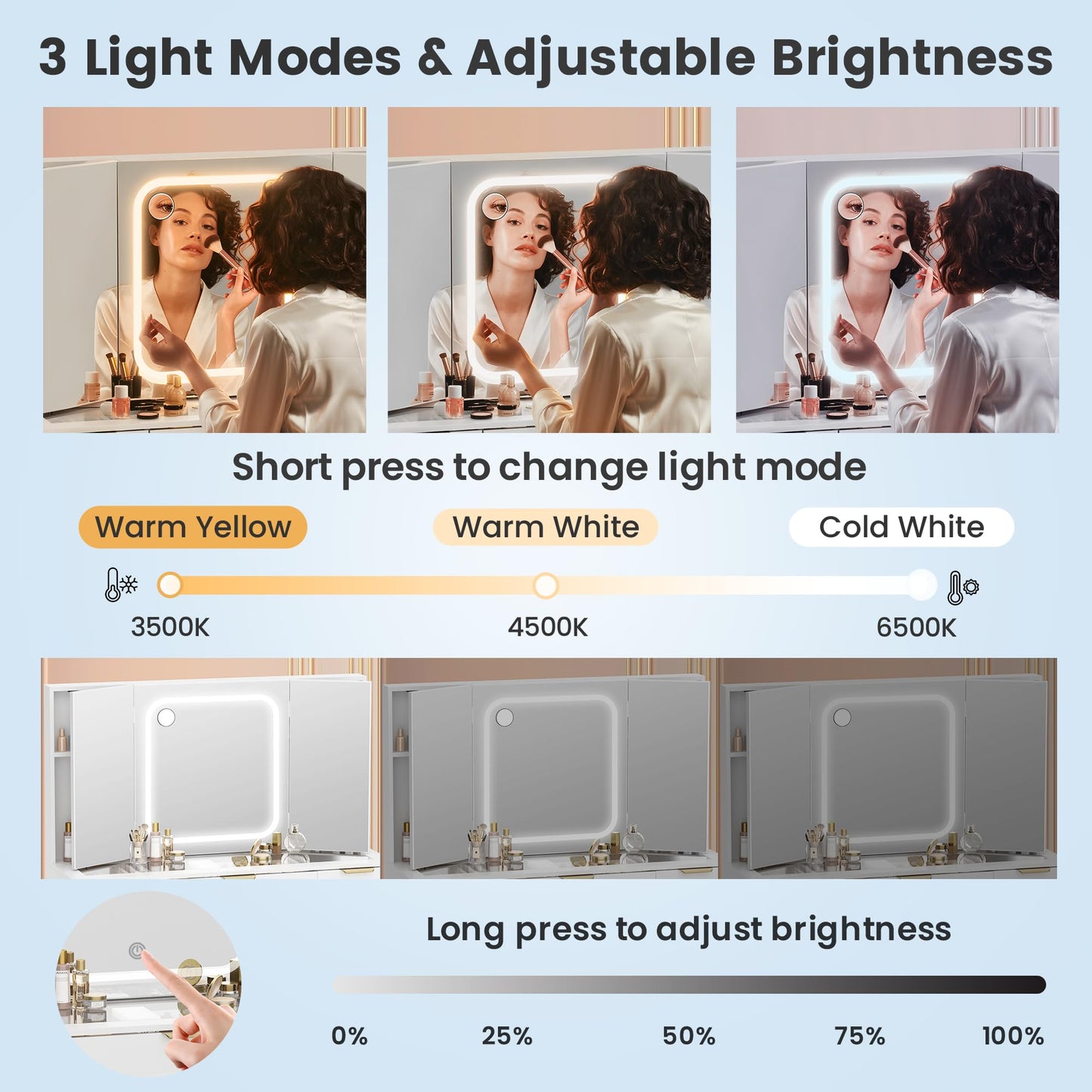 Fkhouse Glass Top Vanity Desk with Foldable Mirror and Lights, 11 Drawers Makeup Vanity with Charging Station, 3 Lighting Modes Dressing Table with Chair, White