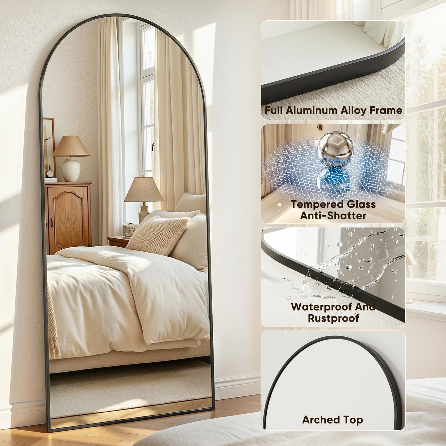 Antok Full Length Mirror, 90"x46" Floor Mirror with Stand, Hanging Mounted Mirrors for Bedroom, Living Room, Cloakroom, Dining Room, Black, Arched