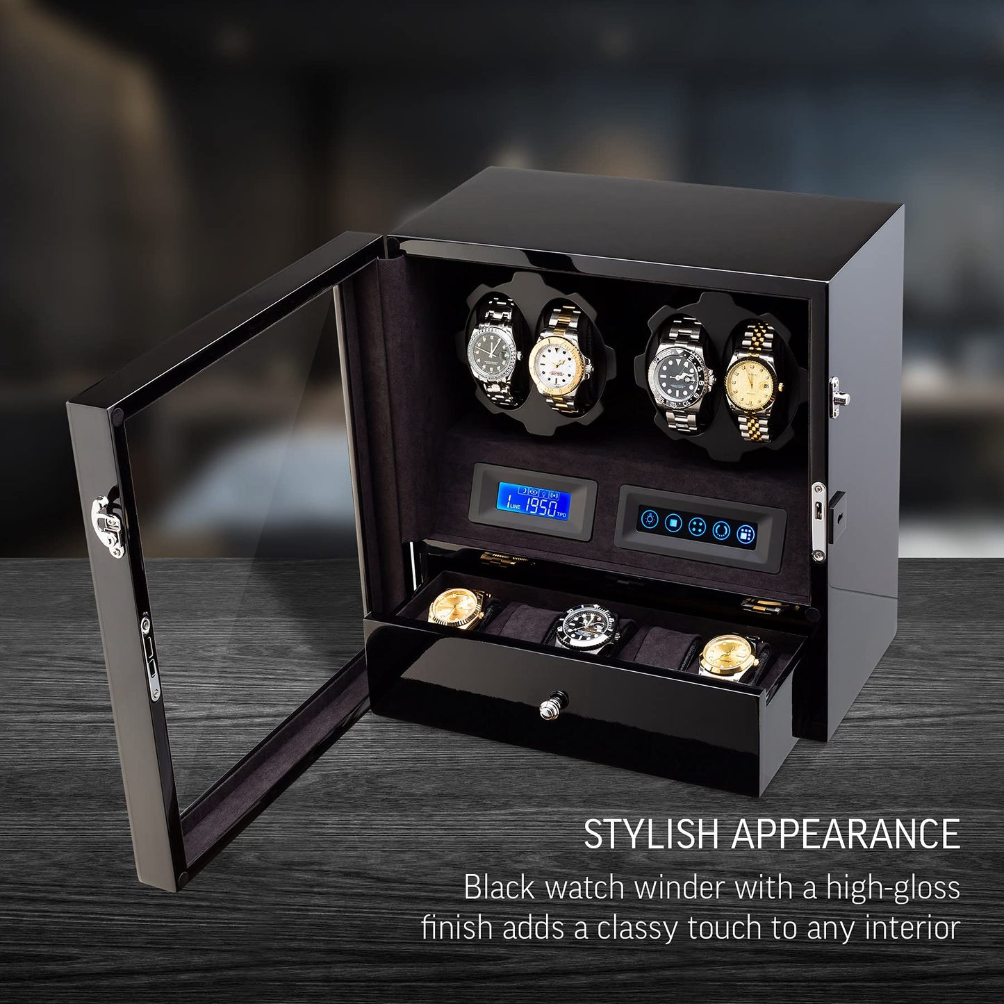 4 Watch Winder with 5 Watch Storage Space, LCD Display, Touch Control and Interior Light (Black + Black)