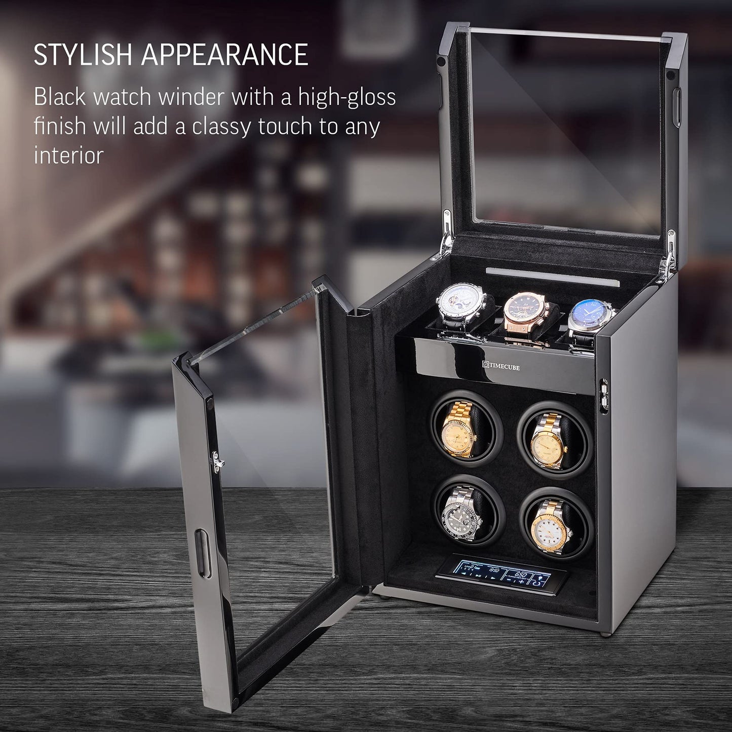 TIMECUBE Watch Winder for 4 Watches with 15 Winding Programs and 3 Watch Storage Slots (Black)
