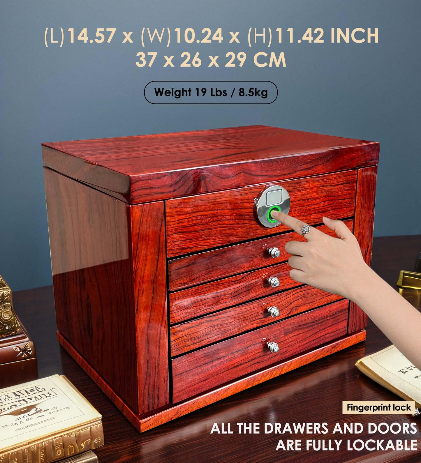 SYENS Jewelry Box Wood Jewel Organizer with Fingerprint Lock Safe, 7-Layer Large Locking Jewelry Storage Box with Necklace Hanger for Women Mens Gift (5L-RS)