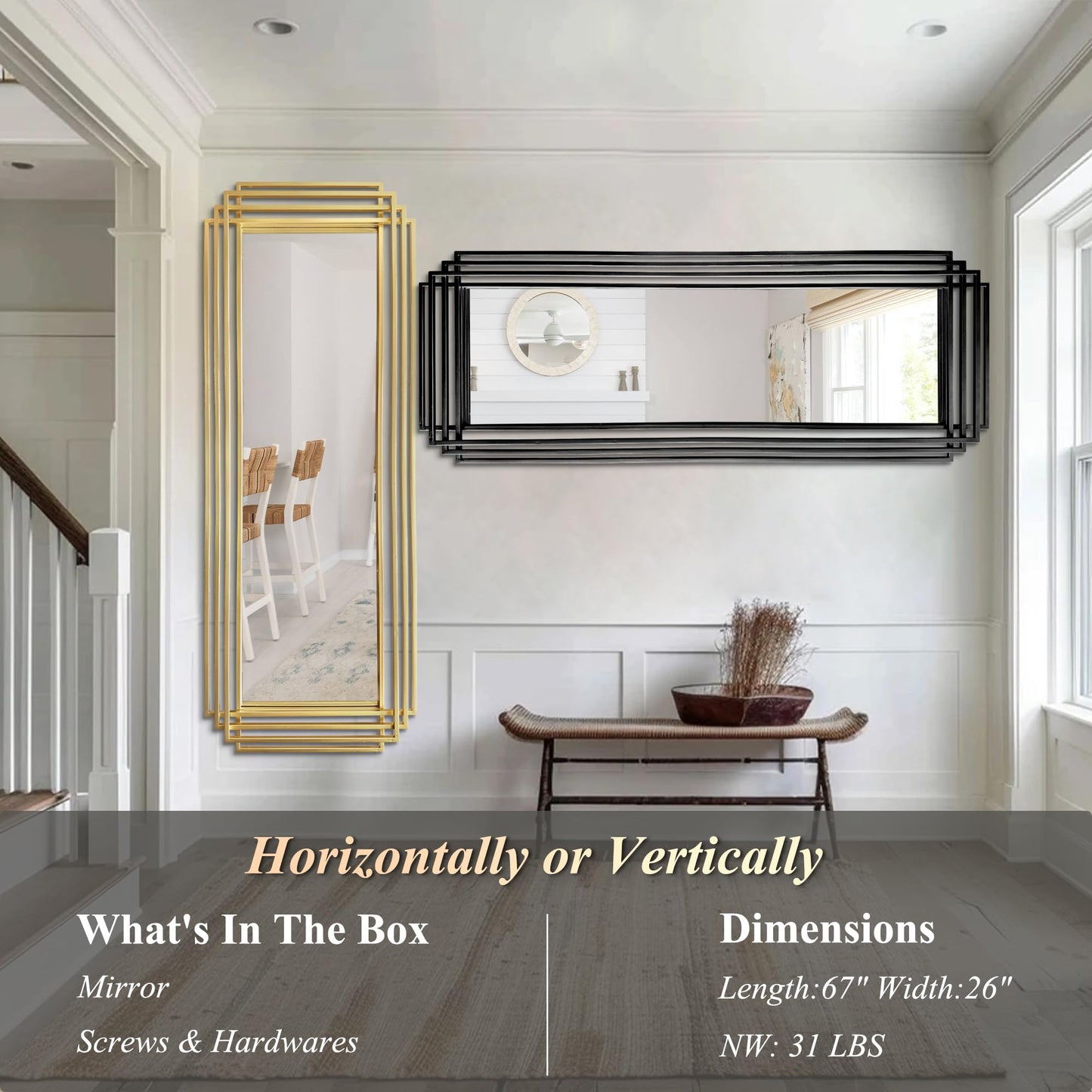 DAOYIJIAJU Geometric Full Length Mirror, 67"x26" Large Rectangle Aesthetic Mirror with Metal Frame, Art Deco Wall Mirrors for Living Room Entryway Hallway Cloakroom, Horizontal or Vertical Hanging