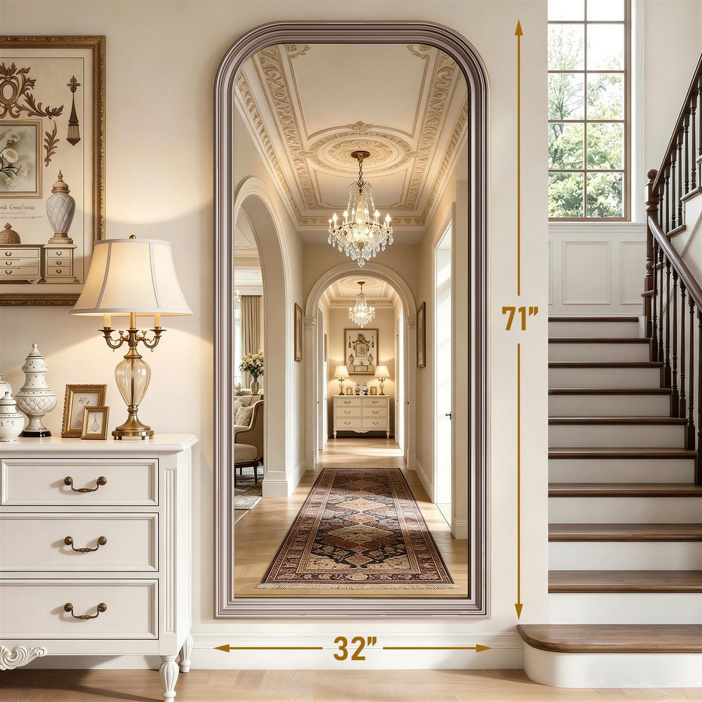 FlyEcho Full Length Mirror with Stand, 71"x32" Full Body Mirror, Floor Length Mirrors Wall Mounted with Rounded Top, Large Standing Mirrors, PU Frame, for Bedroom Living Room Cloakroom, Antique Sliver