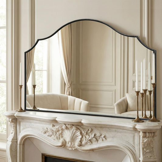 Besdomus Large Scalloped Black Mirror: 47"x31" Modern Minimalist Wood Frame Wall Mirror - Decorative Arched Fireplace for Bedroom/Bathroom/Dresser/Entryway/Mantle/Living Room - Stylish Home Decor