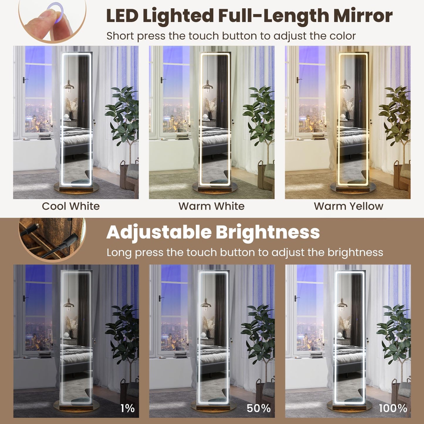 CHARMAID 360° Rotating Jewelry Armoire with LED Lighted Full Length Mirror & Built-in Vanity Mirror, Lockable Standing Jewelry Cabinet with Lights, Large Storage Organizer for Jewelry (Rustic Brown)