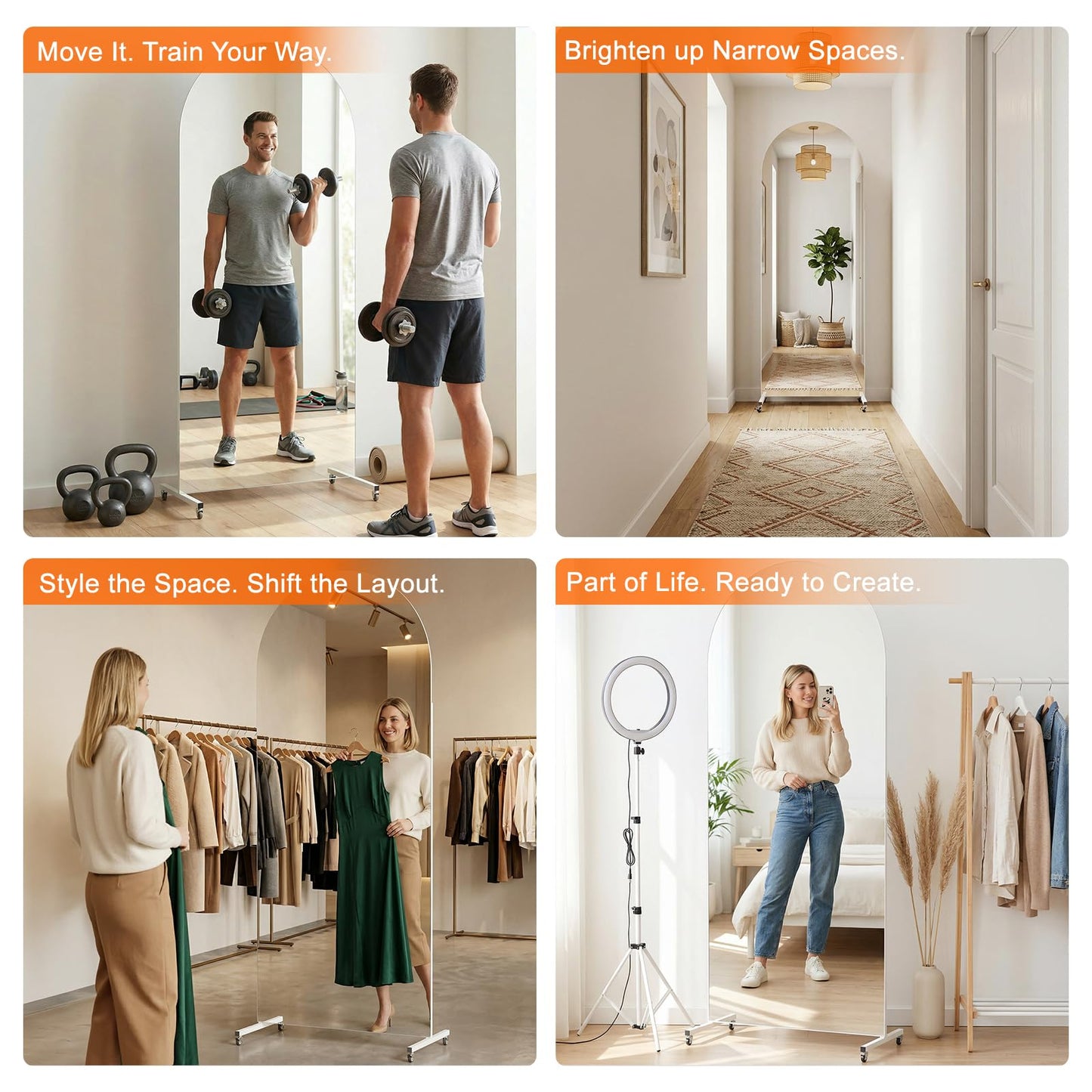 80” x 40” Arched Full Length Rolling Floor Mirror on Lockable Wheels, Large Whole Body for Home Gym & Dance Studio, Shatter-Resistant Tempered Safety Glass, 360° Swivel, White Metal Frame and Stand