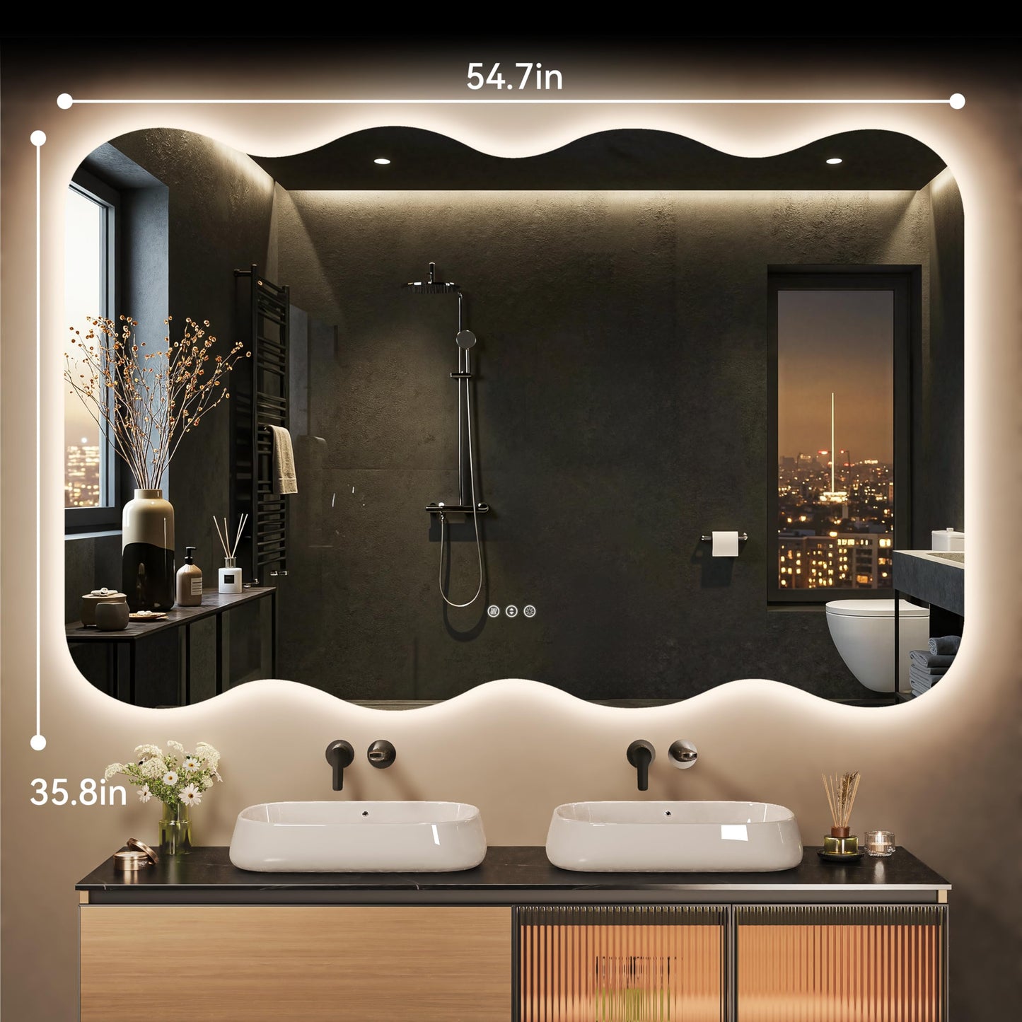 Hasipu Wavy Full Length Mirror with Lights - 55"×30" LED Wavy Floor Mirror, Frameless, Dimmable, Standing or Vertical/Horizontal Wall-Mounted Mirror for Bedroom, Living Room, Cloakroom