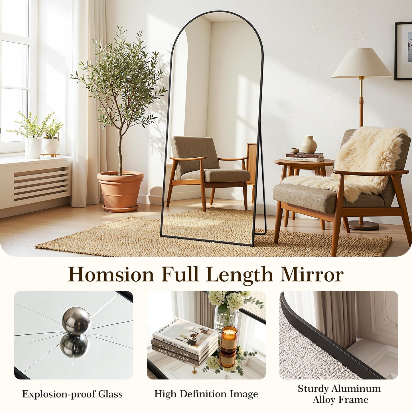 Homsion 81"x41" Arched Full Length Mirror with Stand, Free Standing Leaning Wall Mounted Aluminum Alloy Frame Mirror for Bedroom Living Room Cloakroom, Black