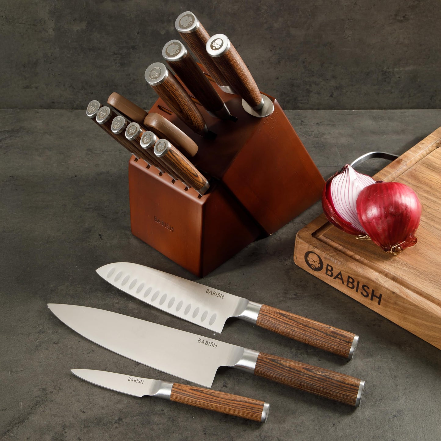 Babish High-Carbon 1.4116 German Steel 15 Piece Full Tang Forged Cutlery Kitchen Knife Block Set - Dark Pakka Wood Handle
