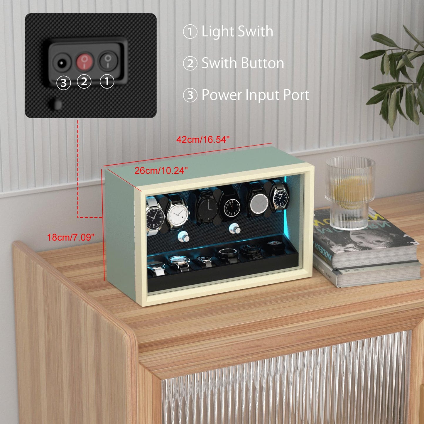 XTELARY Watch Winder for 6 Automatic Watches, Green Lockable Automatic Winders with Extra 6 Watch Storages, 4 Rotation Modes, Flexible Watch Pillows, Quiet Mabuchi Motor, and Blue Backlight