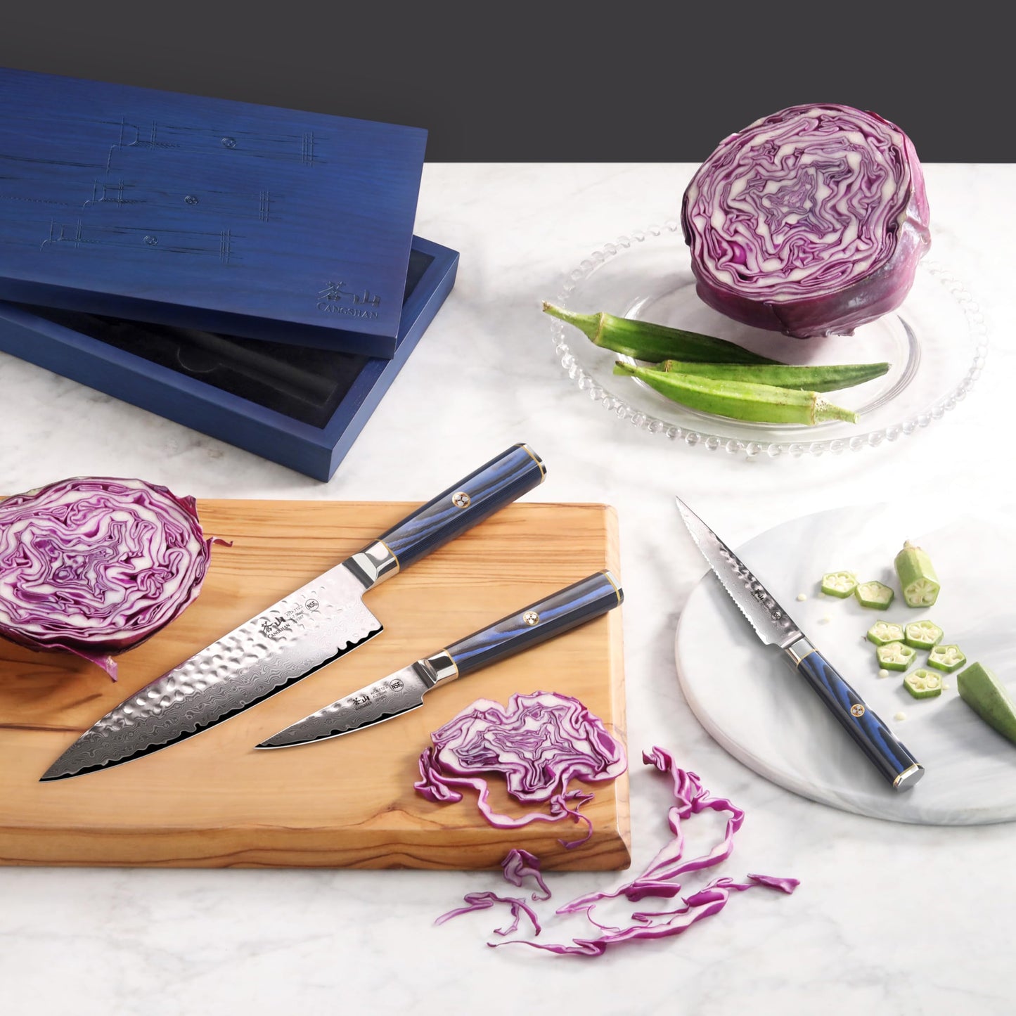 Cangshan KITA Series 3-Piece Starter Knife Set (8" Chef + Serr. Utility + 3.5" Paring) High Carbon X-7 Damascus Steel Blades with Ash Wood Box, 501530 (3pc)