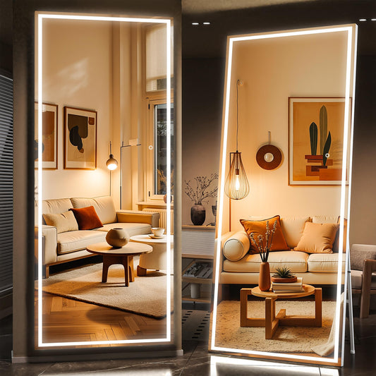 WINNICE 83" x 36" Full Length Mirror with Lights, Large LED Lighted Floor Standing Body Mirror, Dimmable & 3 Color Lighting for Bedroom, Cloakroom, Dressing Room, Tempered Glass, White Frame
