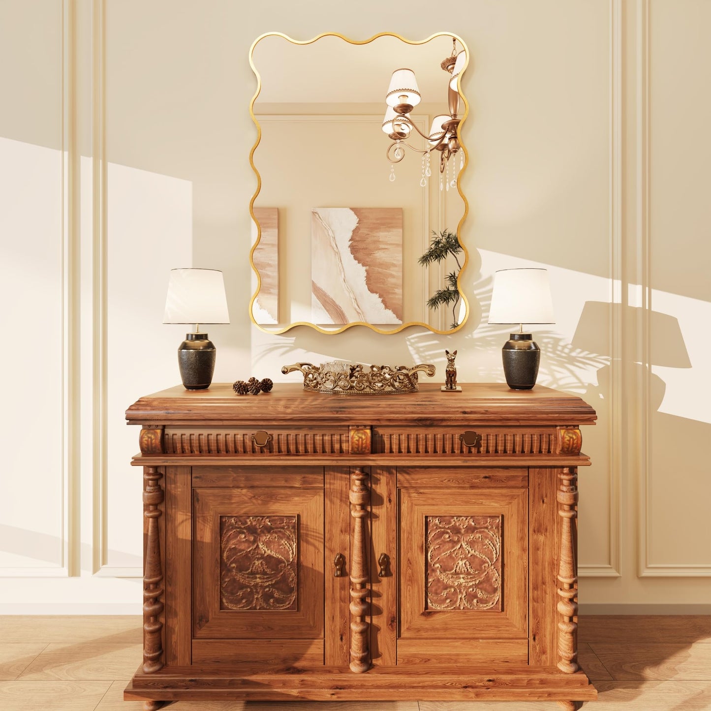 Kelly Miller 30x40 Inch Gold Scalloped Mirror, Large Rectangular Wavy Edge Bathroom Vanity Wall Mirror Decorative for Bedroom Living Room Entryway Fireplace Mantle