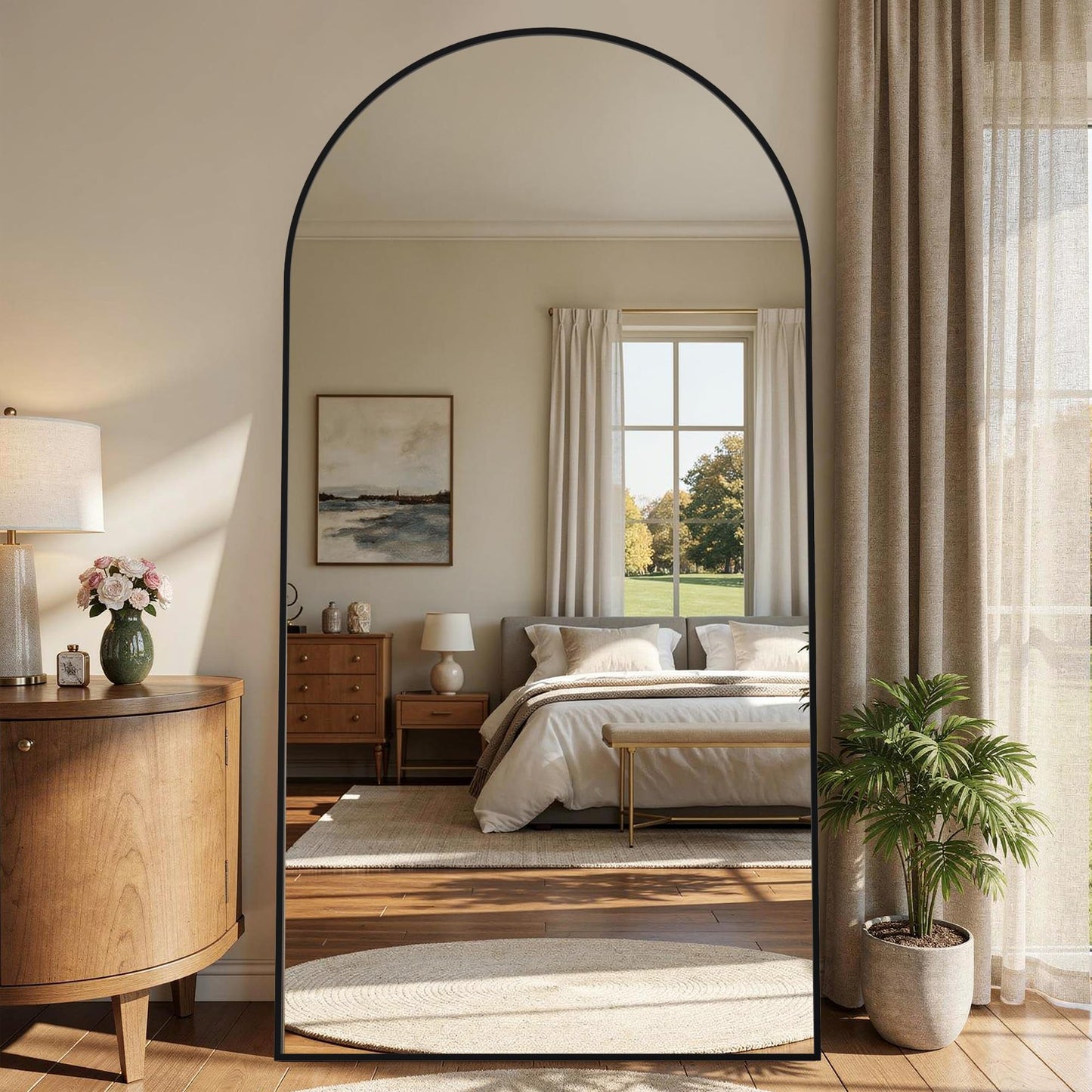 Homsion 81"x41" Arched Full Length Mirror with Stand, Free Standing Leaning Wall Mounted Aluminum Alloy Frame Mirror for Bedroom Living Room Cloakroom, Black