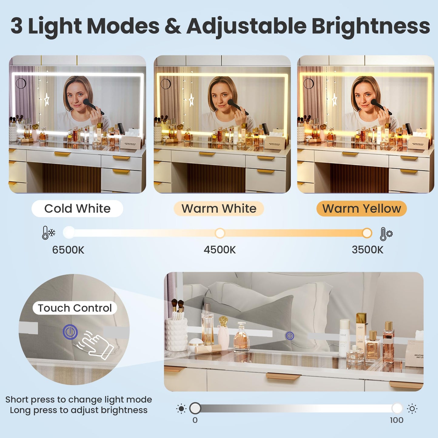 Pamapic Glass Top Vanity Desk with Mirror and Lights, 11 Drawers Makeup Vanity with Charging Station and Chair, Golden Handles Dressing Table, 3 Lighting Modes Makeup Table, White
