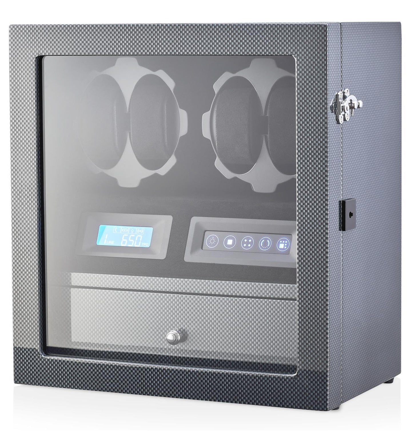 4 Watch Winder with 5 Watch Storage Space, LCD Display, Touch Control and Interior Light (Black + Black)