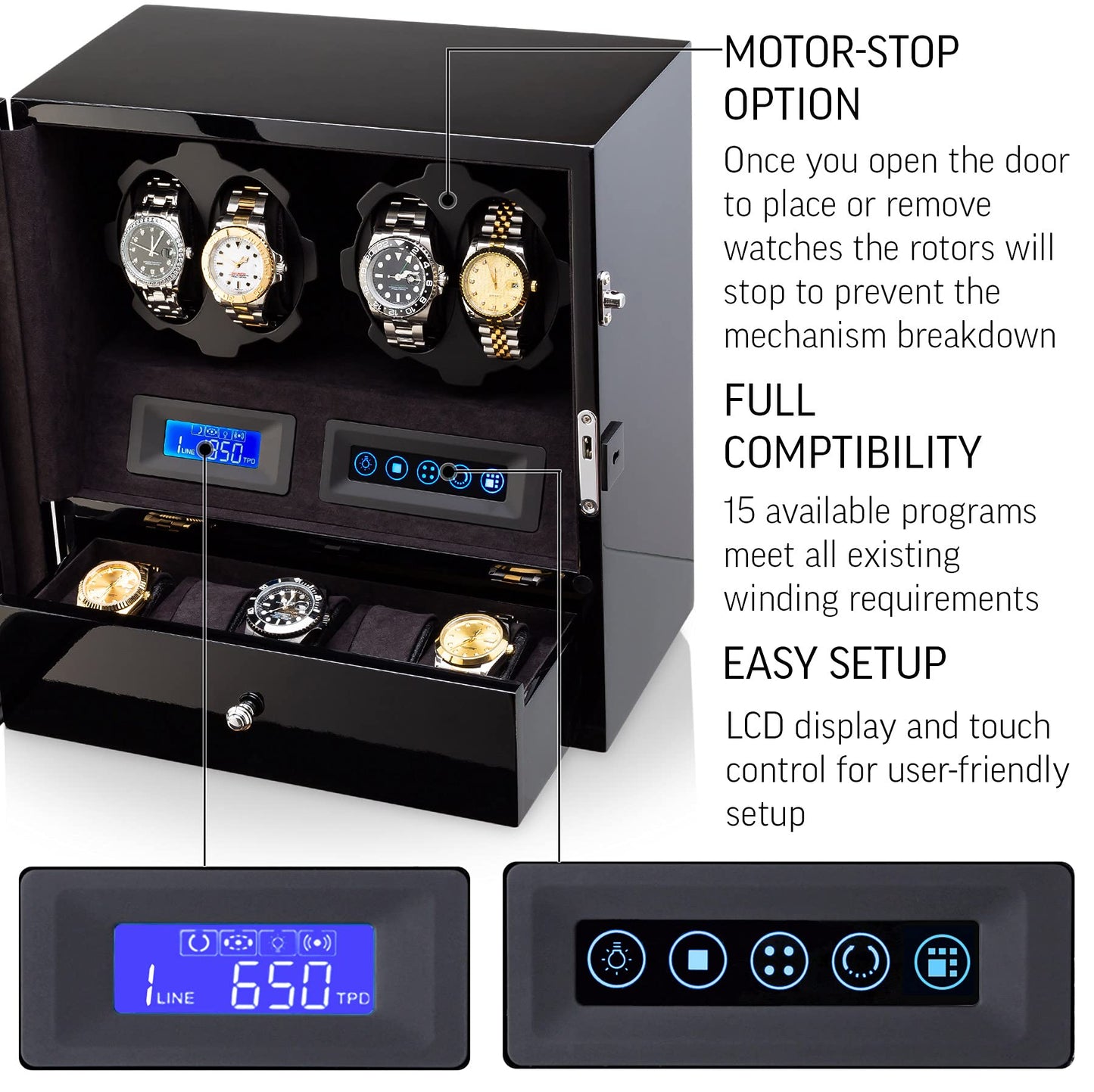 4 Watch Winder with 5 Watch Storage Space, LCD Display, Touch Control and Interior Light (Black + Black)